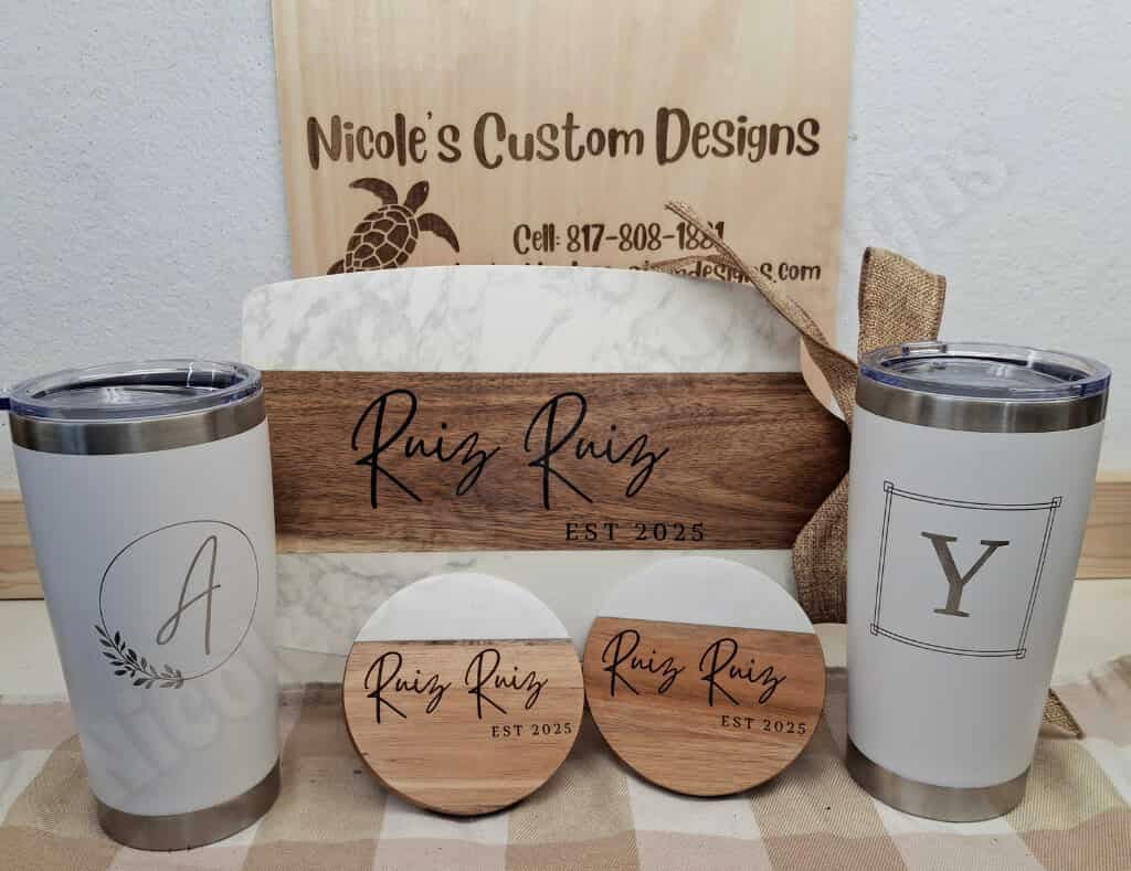 Custom Bundle: 1 Marble Cutting Board, 2 Marble Coasters, and 2 Cups