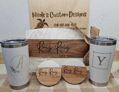 Custom Bundle: 1 Marble Cutting Board, 2 Marble Coasters, and 2 Cups