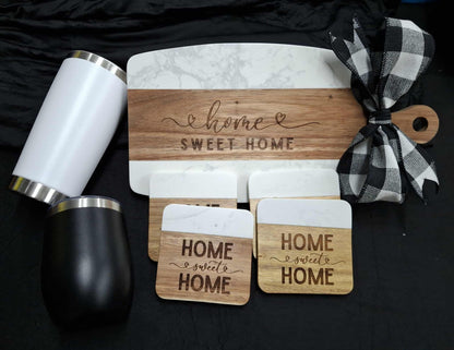 Custom Bundle: 1 Marble Cutting Board, 2 Marble Coasters, and 2 Cups
